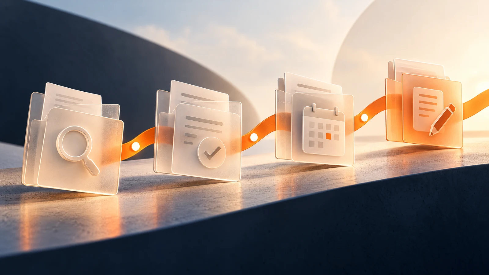 Quatre étapes de découverte des marchés publics reliées par un flux orange.