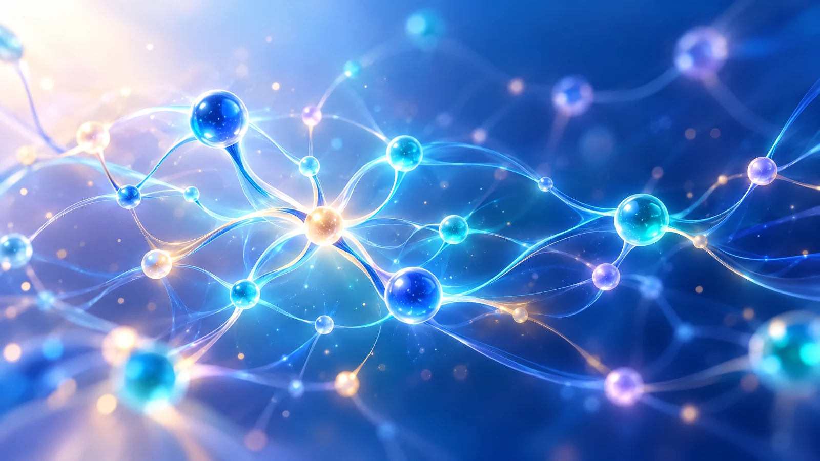 Réseau lumineux de nœuds et de filaments bleus, cyan et violets, illustration de l’identité synaptique MIMNUR AI.