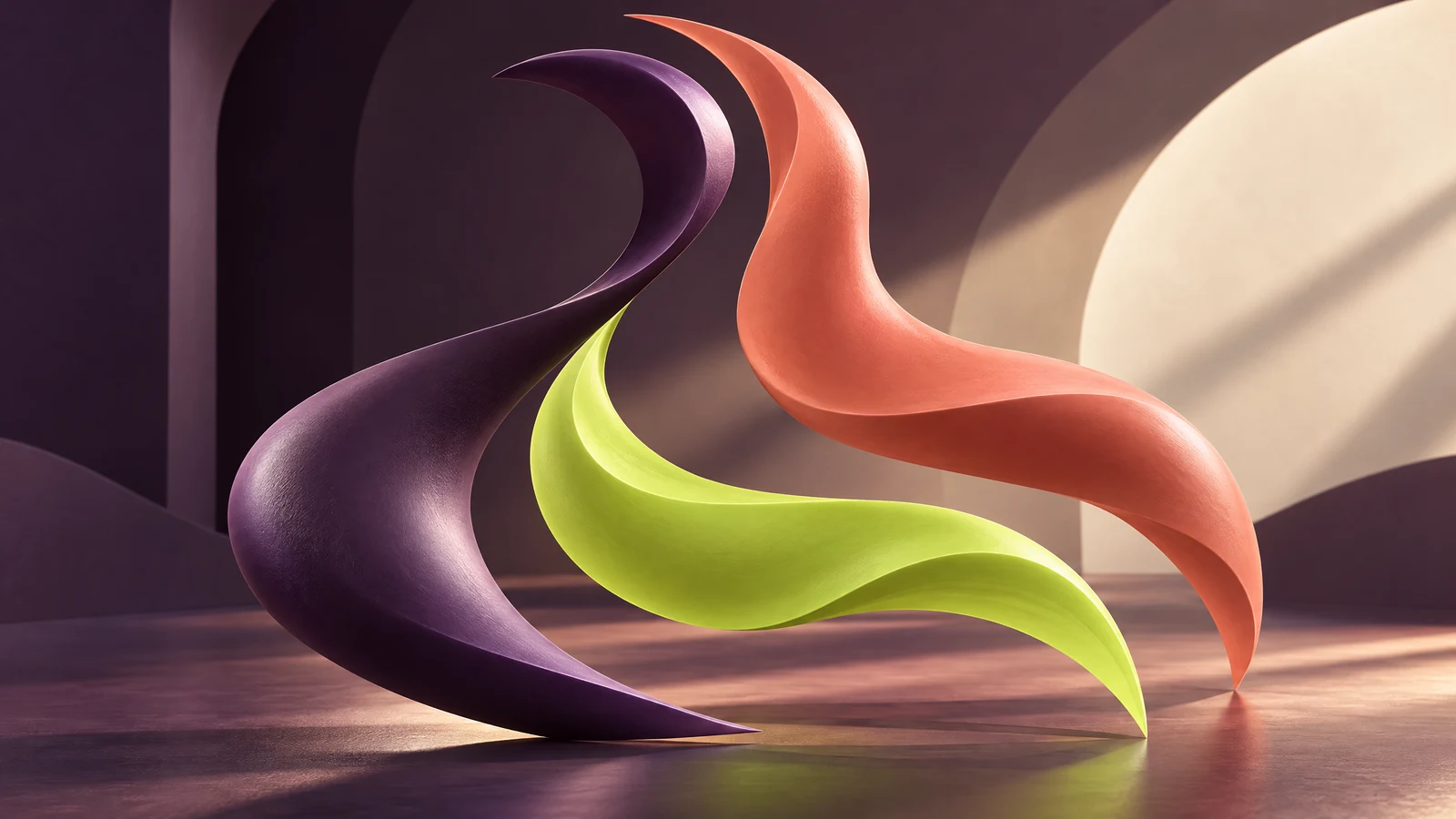 Trois formes sculptées aubergine, corail et vert citron, inspirées du logo Morphology AI.